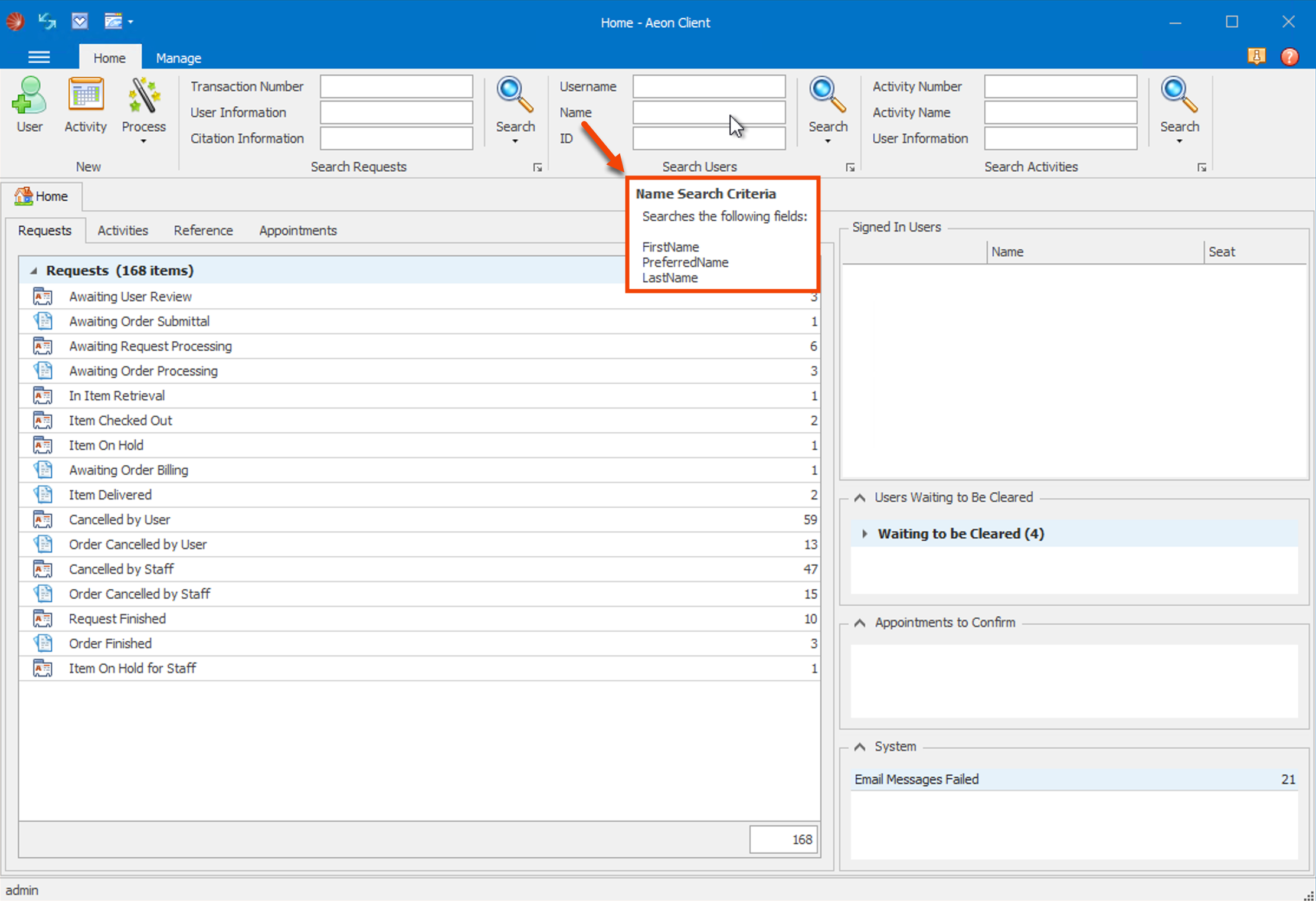 Mouse hovered over the Name search box displaying the database fields that will be searched